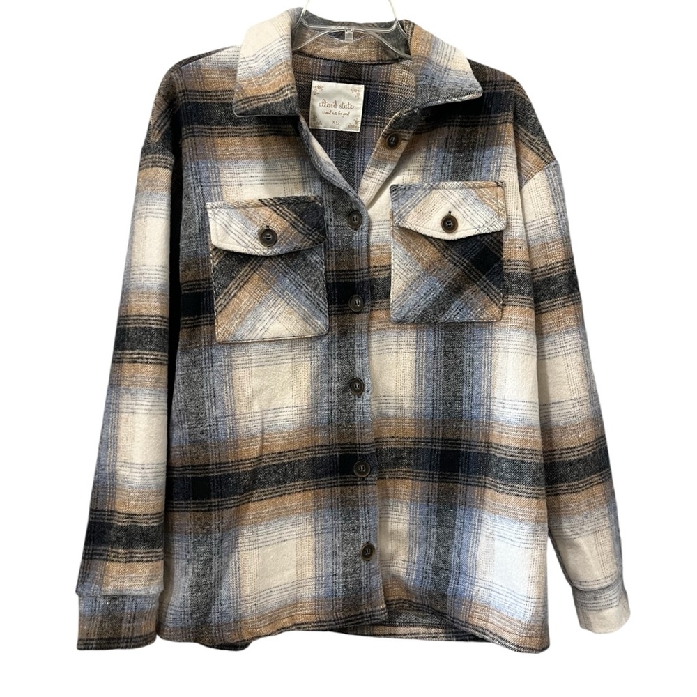 Altar'd State Plaid Oversized Jacket Coat Size XS Blue‎ Taupe Buttons Pockets